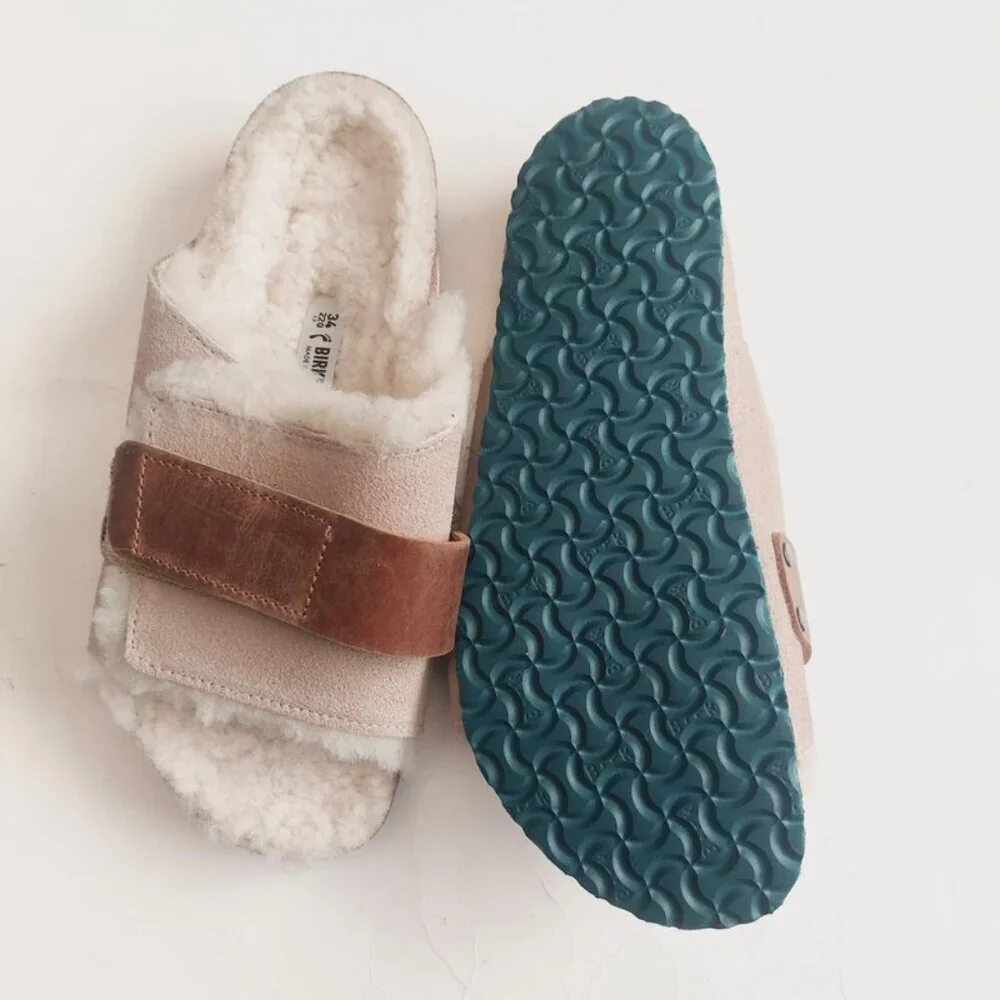 Birkenstock Size 3 Kyoto Teddy Kids Suede Sandals Shearling Lined EU 34 Beige